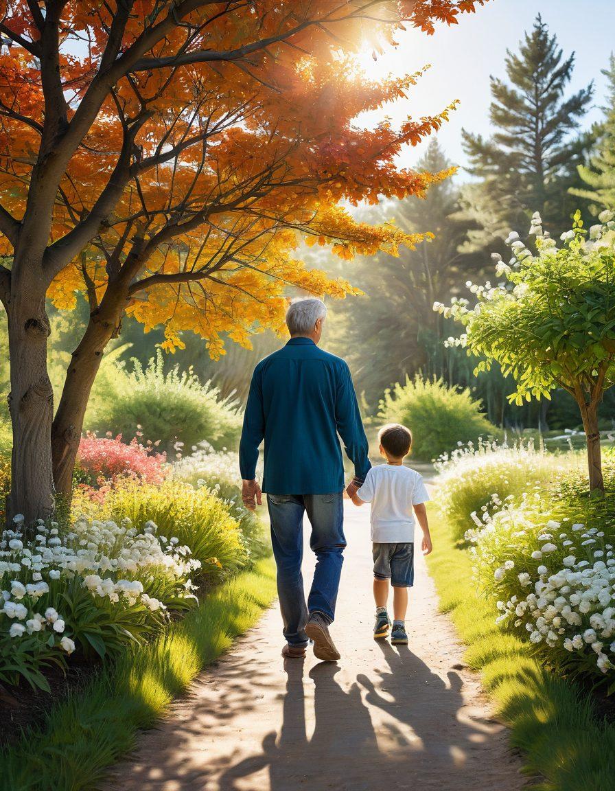 A heartwarming scene depicting a son and father walking together along a sunlit path, surrounded by blooming trees symbolizing growth and reconnection. The father, a middle-aged man with a gentle smile, is playfully guiding his son, a young boy, as they share a precious moment. In the background, soft sunlight filters through the leaves, creating a serene atmosphere that evokes feelings of nostalgia and hope. The image should have a warm color palette and an inviting, emotional tone. painting. vibrant colors.