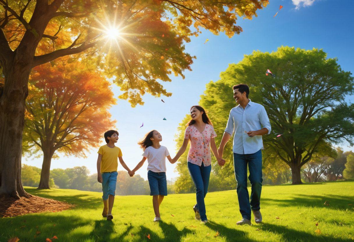 A warm and inviting family scene showcasing a father and children engaged in playful activities, such as flying a kite in a lush green park. The father is laughing and encouraging his kids, surrounded by beautiful trees and a bright blue sky, symbolizing connection and love. Soft sunlight filters through leaves, highlighting their happy expressions. super-realistic. vibrant colors.