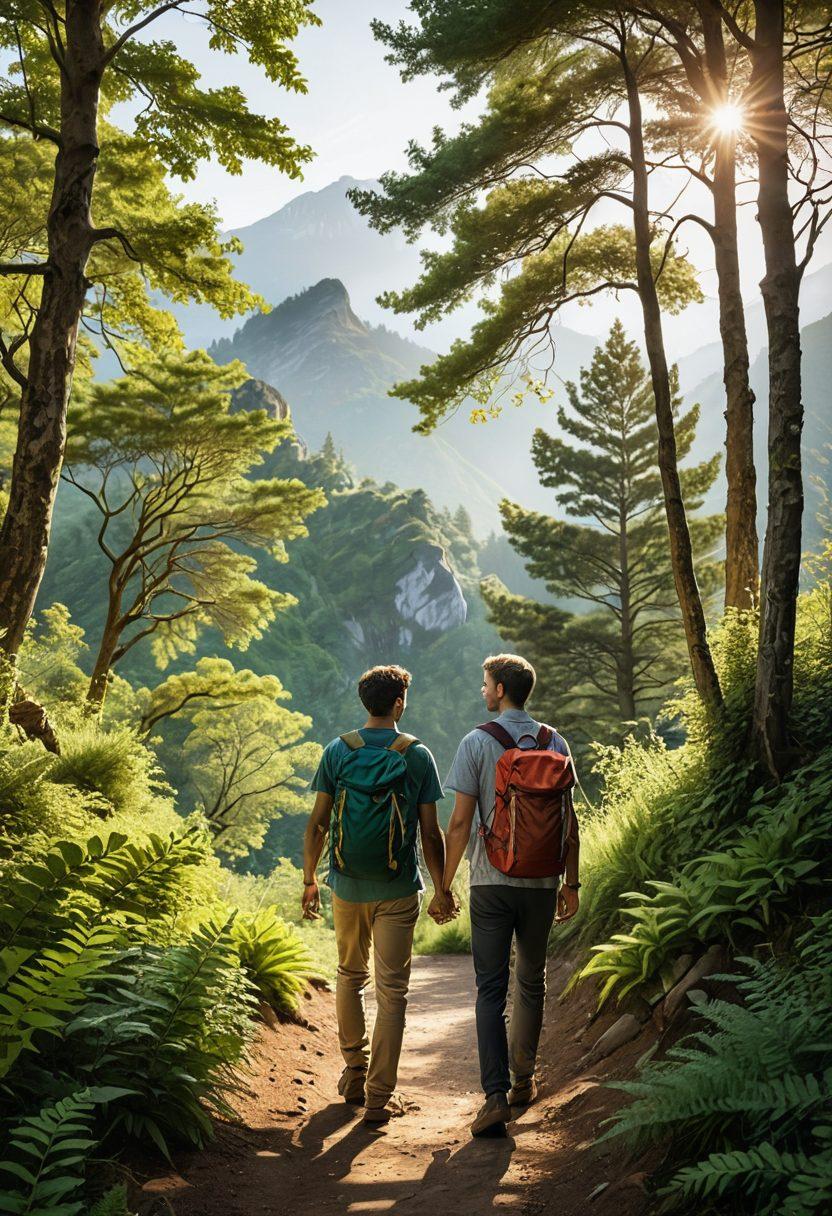 A heartwarming scene of two men standing on a winding path, looking at each other with warmth and openness, surrounded by lush green trees and soft sunlight filtering through the leaves. The background includes distant mountains, symbolizing the journey ahead. Include elements of friendship, like a shared backpack or a map. super-realistic. vibrant colors. soft focus.